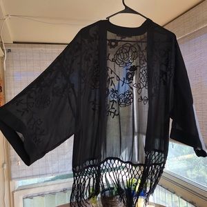 Sheer Black Rose Fringe Kimono